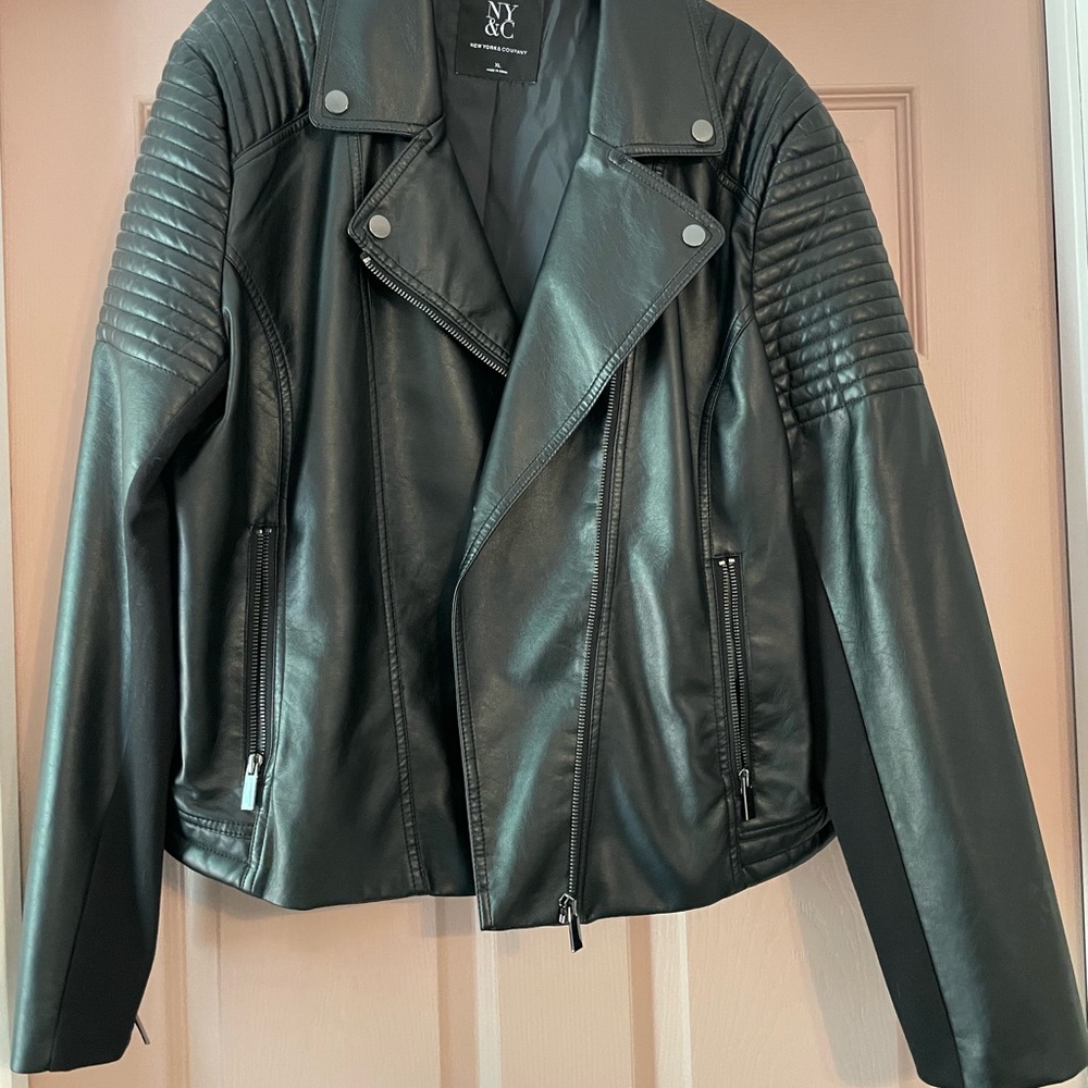 New York & Company Black Leather Jacket with Quilted Details